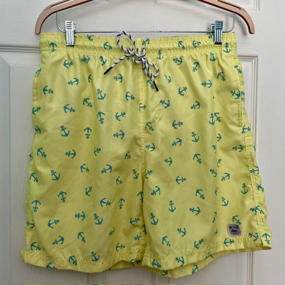 Spicy Tuna Swim Trunks Lined Yellow and Blue Anchor Print - Picture 1 of 8